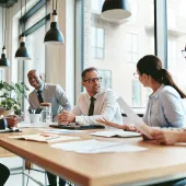 people working around table