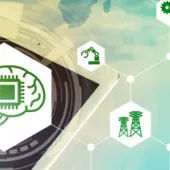 Green Tech Icons over Wind Turbines