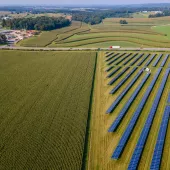 Keystone aerial from the side with a cornfield