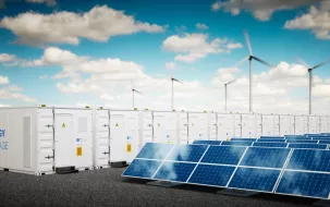 Concept of energy storage system. Renewable energy power plants - photovoltaics, wind turbine farm and battery container. 3d rendering
