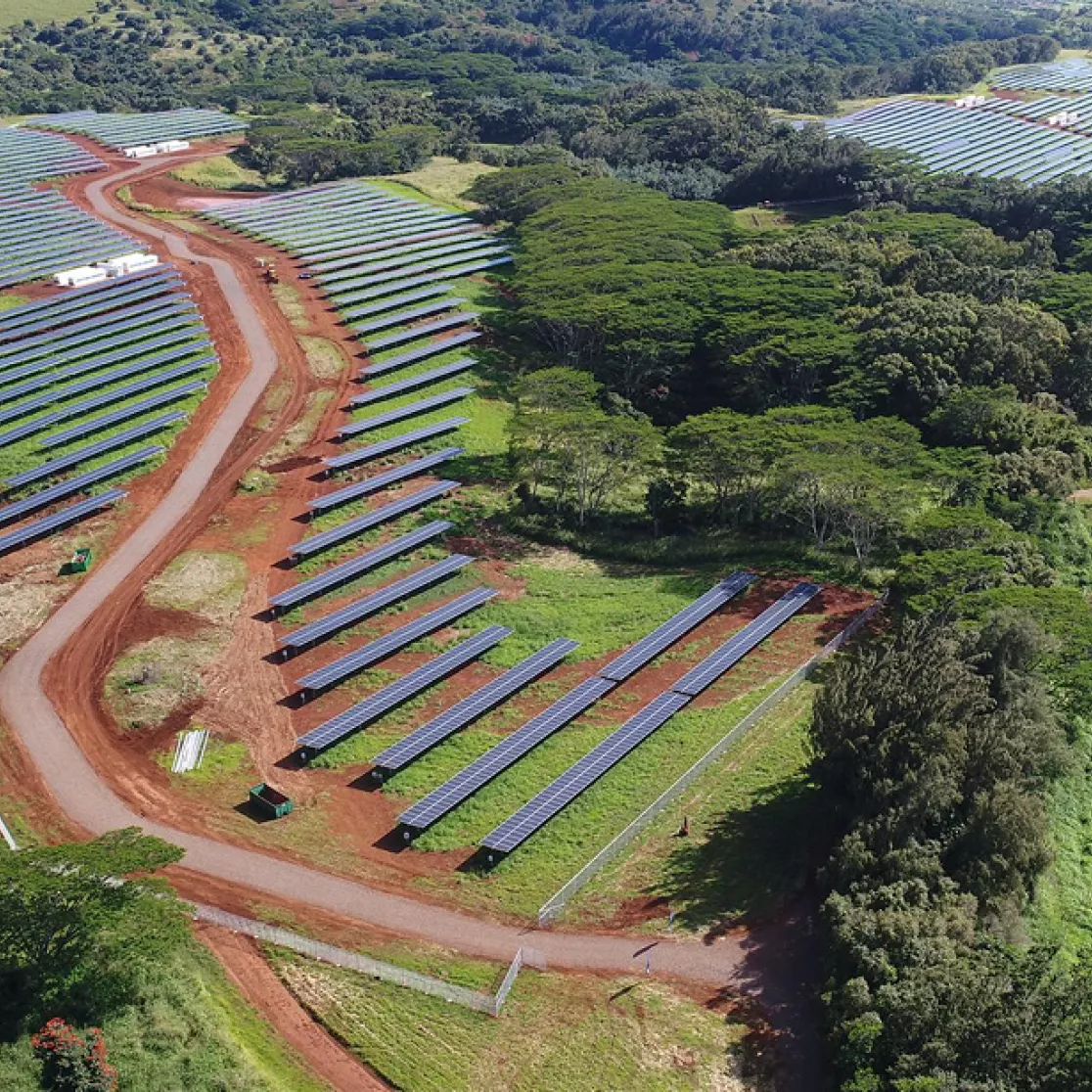 Aerial view of a solar farm with rows of solar panels on red soil, surrounded by lush green trees and vegetation. A dirt road winds through the panels, and a pond is visible at the edge of the image.