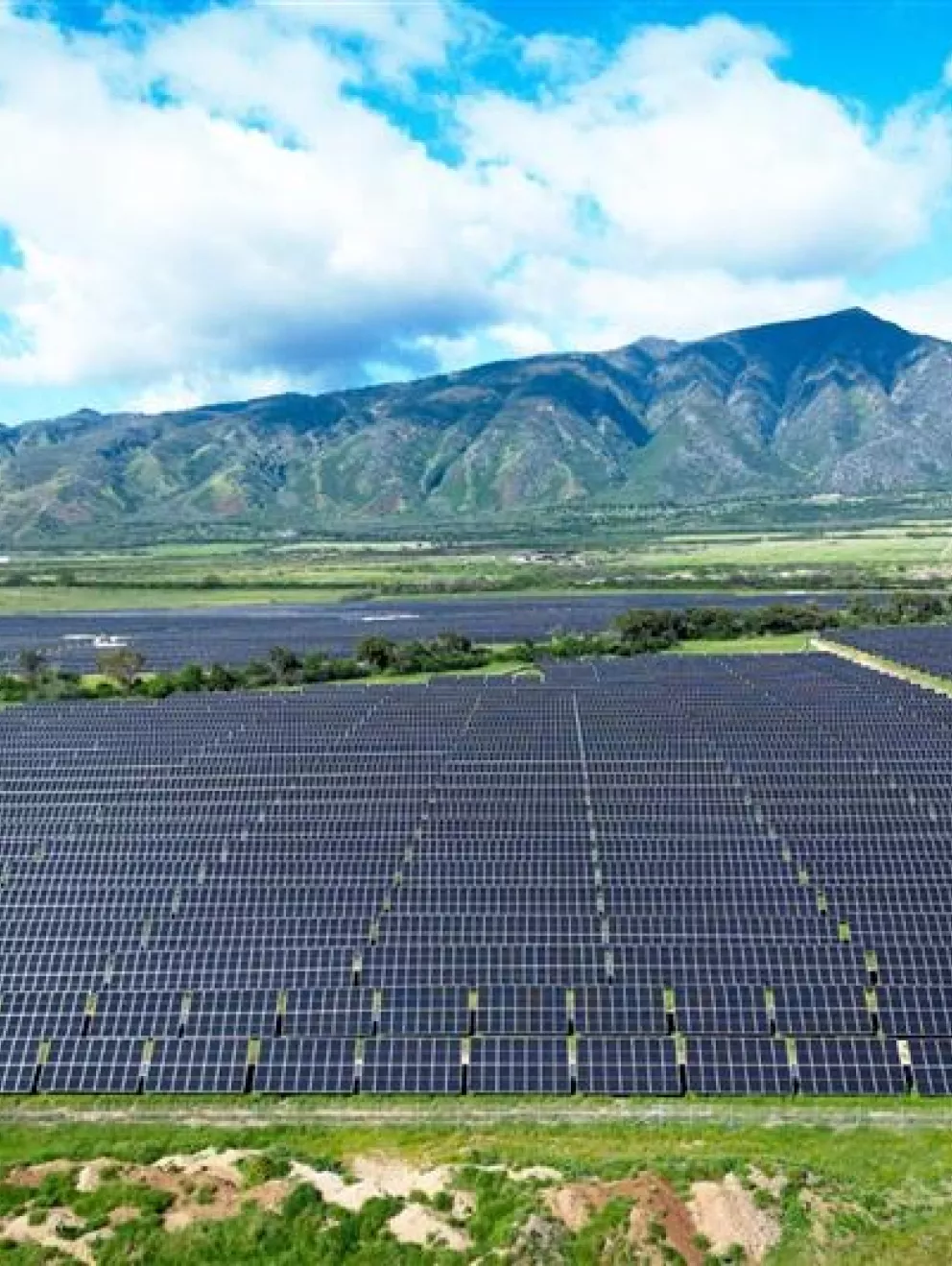 A large solar panel farm stretches across a green landscape with mountains in the background under a blue sky with clouds.