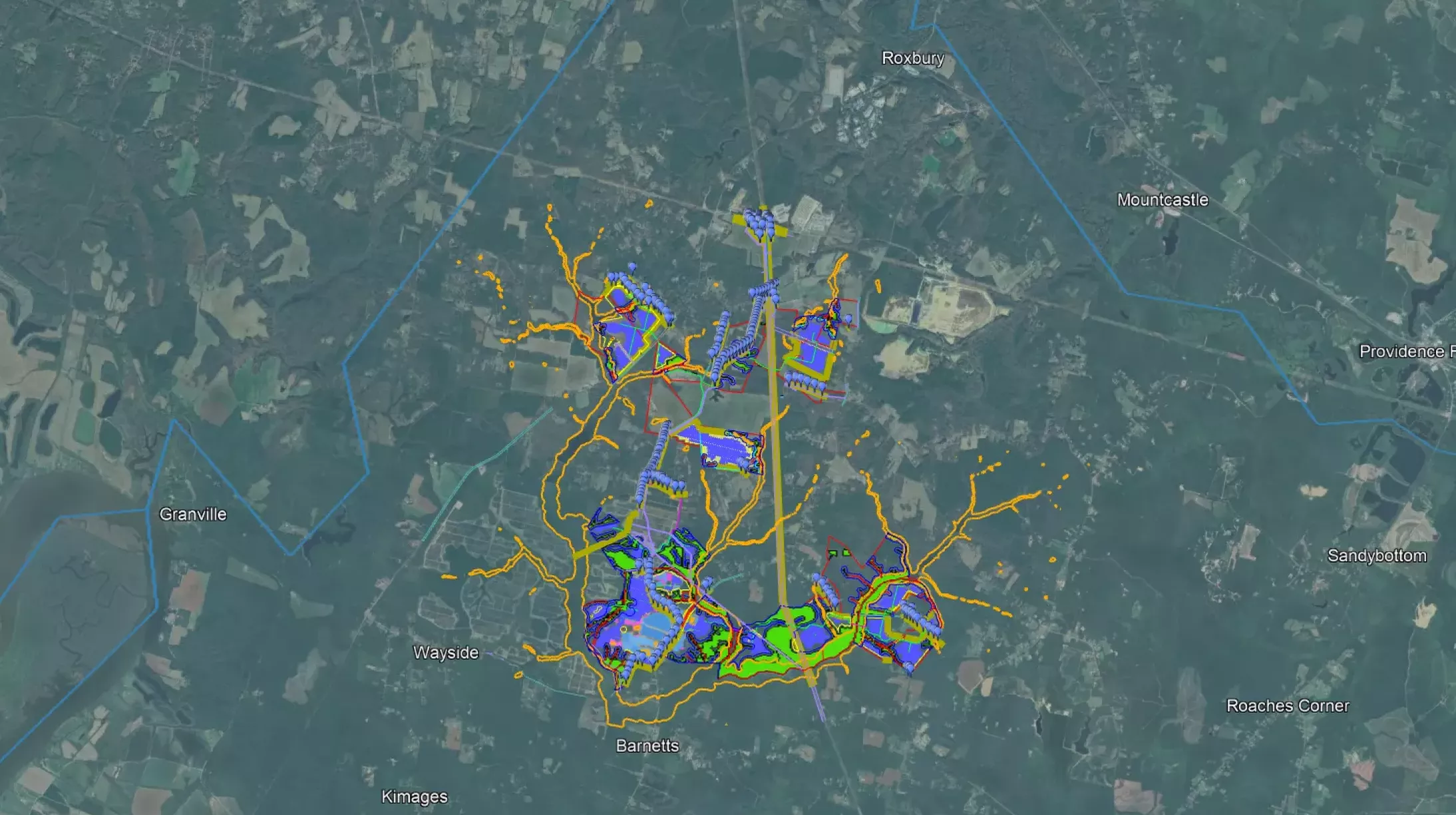 A satellite map showing an area with highlighted regions in blue, green, and yellow, indicating different zones. Orange lines and dots connect these zones, suggesting a network or pathways. The map includes labels of nearby locations such as Granville, Roxbury, and Providence Forge.