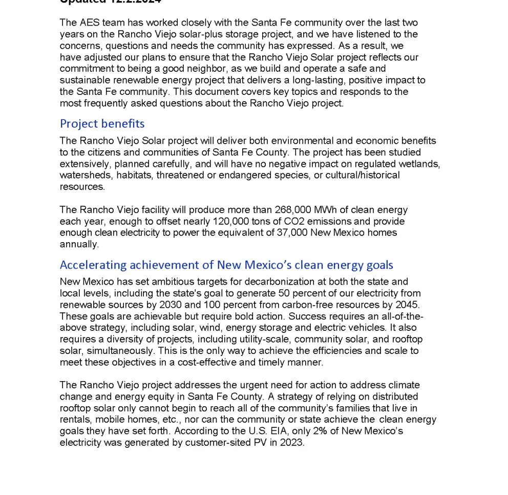 The image is a document titled 'Rancho Viejo Solar FAQ Updated 12.2.2024'. It discusses the Rancho Viejo solar project, highlighting its collaboration with the Santa Fe community, project benefits, and its role in achieving New Mexico's clean energy goals. The document emphasizes environmental and economic benefits, the production of clean energy, and the need for diverse renewable energy projects.
