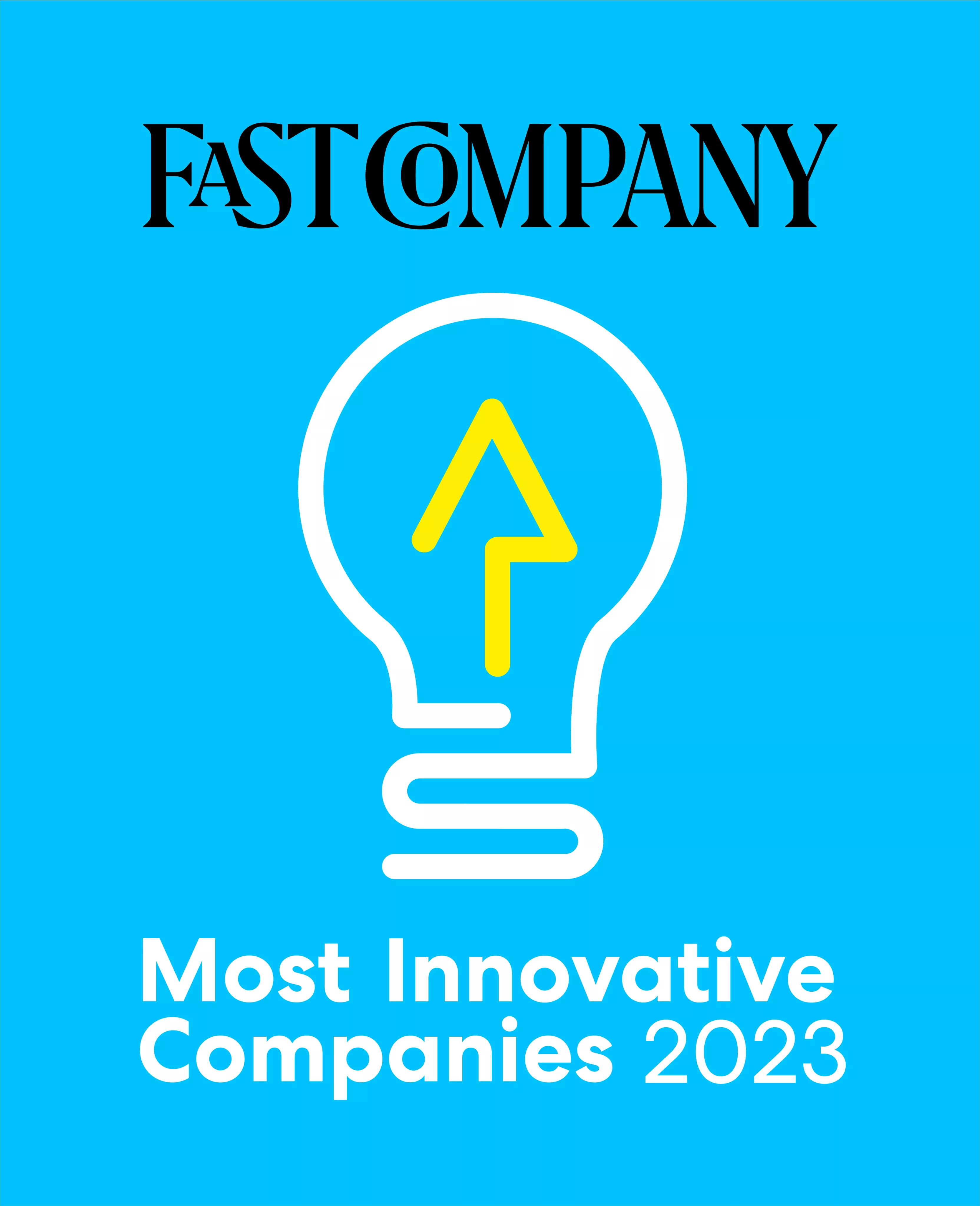 A blue background with the Fast Company logo at the top. Below is a white outline of a light bulb with a yellow arrow inside, pointing upward. At the bottom, white text reads 'Most Innovative Companies 2023.'