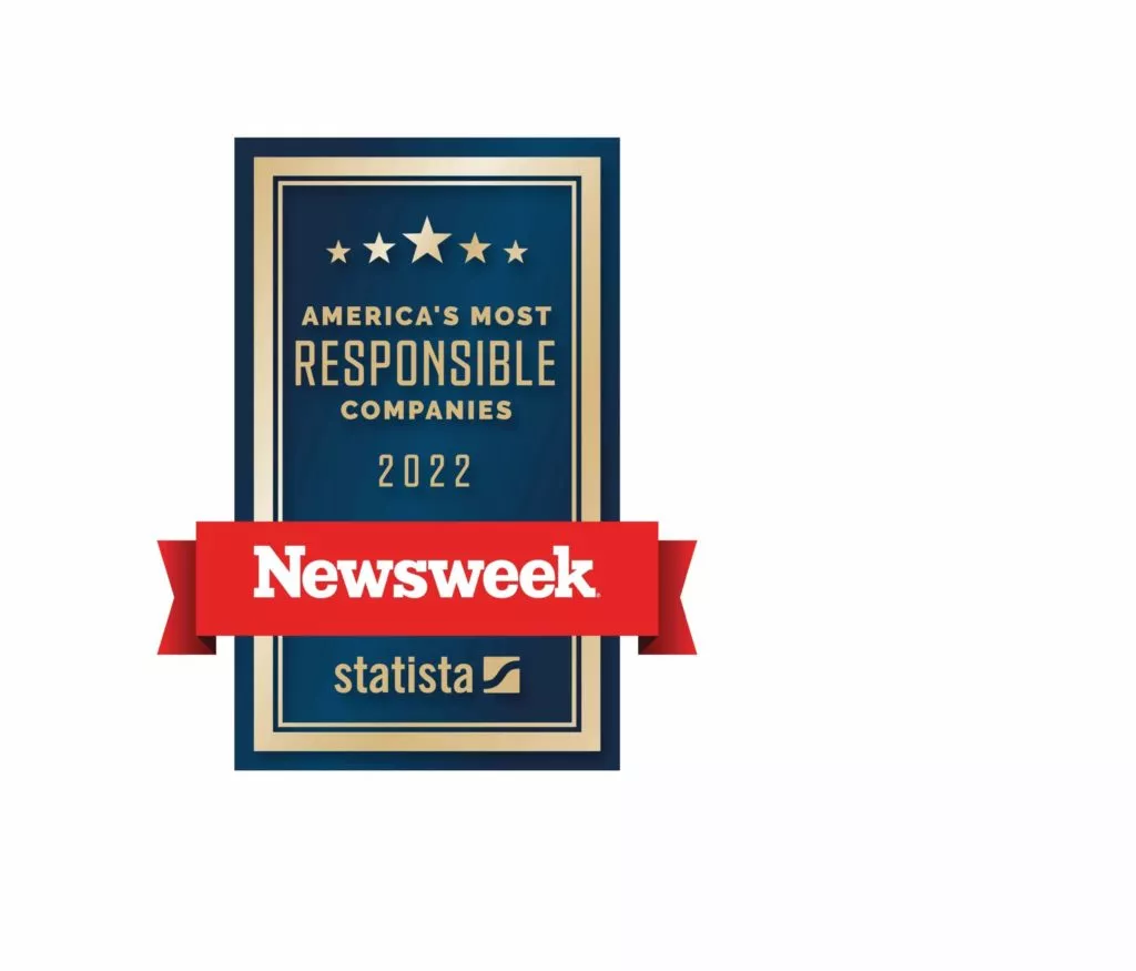 A badge with a blue background and gold trim reads 'America's Most Responsible Companies 2022' with stars above. Below, a red ribbon with 'Newsweek' covers part of the badge. At the bottom, 'statista' is shown with a logo.