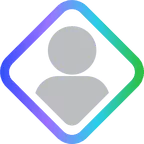 A simple gray user icon inside a diamond-shaped frame with a gradient border of purple, blue, and green.