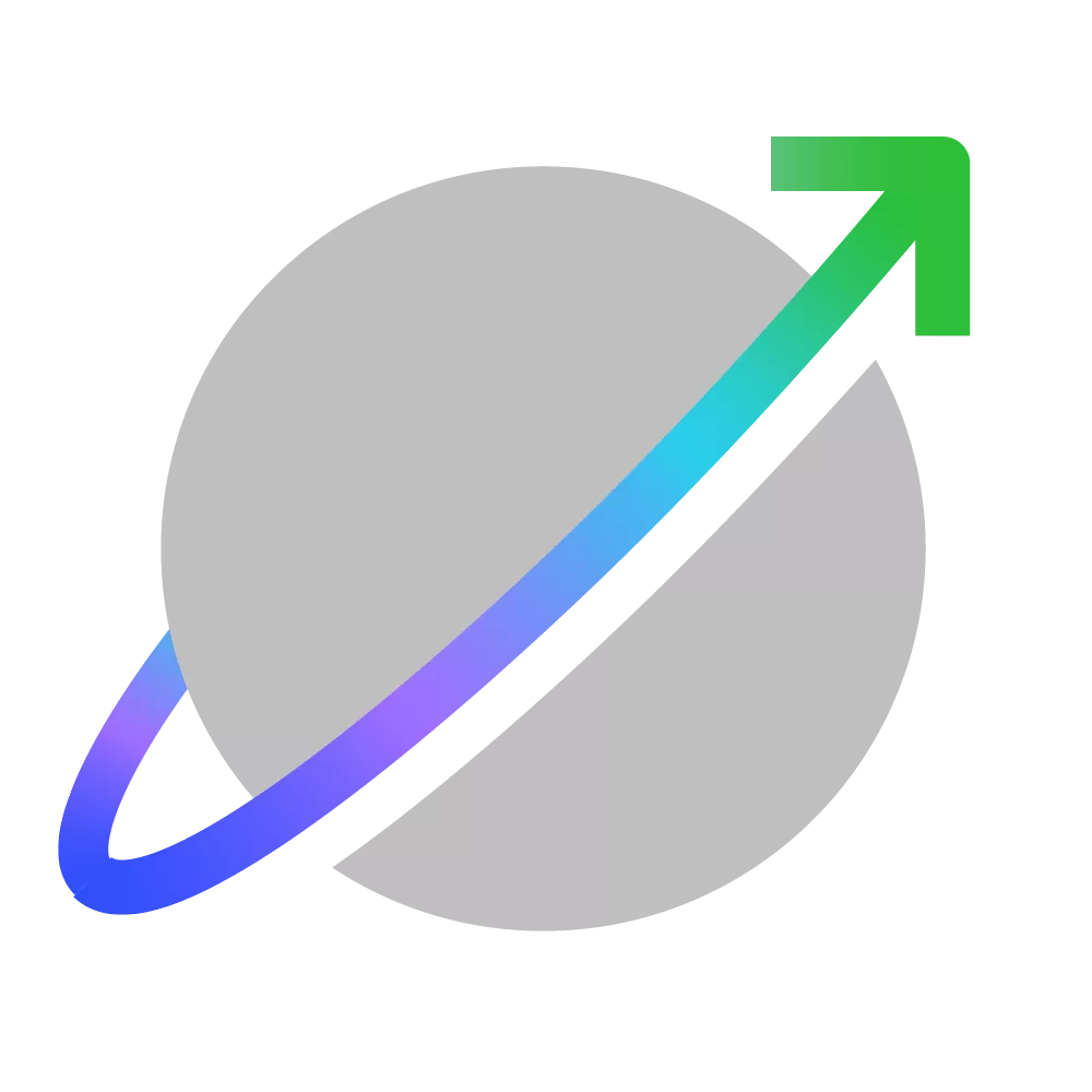 A gray circle with a gradient arrow wrapping around it, transitioning from blue to green, pointing upwards to the right.