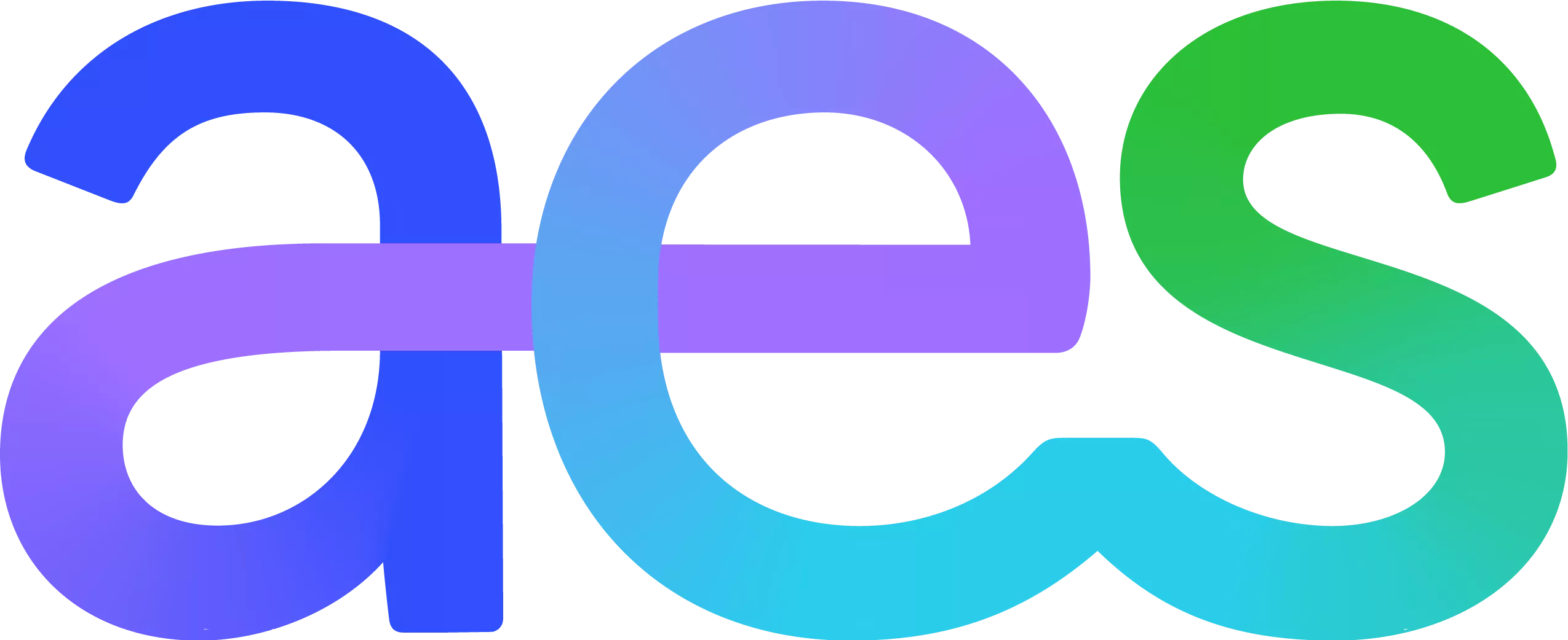 The image shows the lowercase letters 'aes' in a stylized font. The 'a' is blue, the 'e' is purple, and the 's' is green, with a purple horizontal line crossing through all three letters. The background is black.