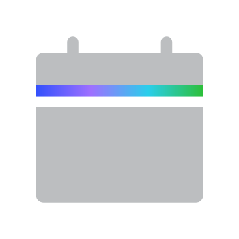 A gray calendar icon with a horizontal gradient stripe in shades of blue, purple, and green across the top.