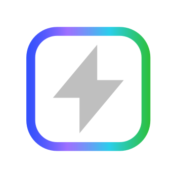 A gray lightning bolt icon inside a rounded square with a gradient border transitioning from purple to green.