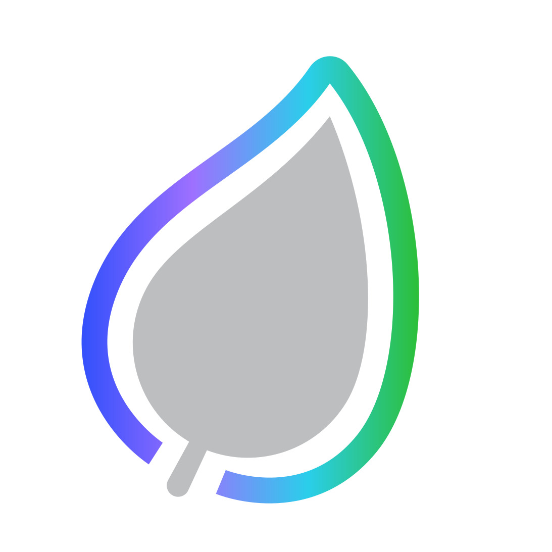 A stylized leaf icon with a gray center and an outer gradient border transitioning from blue to green.