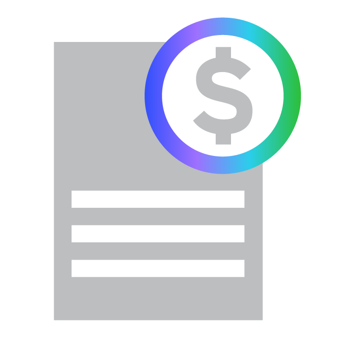 Gray document icon with three horizontal lines, overlaid by a multicolored circle containing a dollar sign.