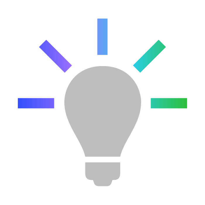 A gray light bulb icon with colorful rays extending outward in blue, purple, and green shades, symbolizing ideas or creativity.