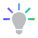 Illustration of a light bulb with six colorful rays extending outward, each in different shades of blue, purple, and green.