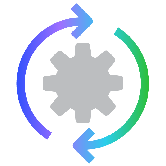A gray gear icon surrounded by two curved arrows forming a circle, one blue and one green, indicating a process or cycle.