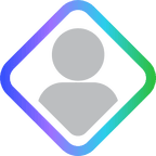 A simple gray user icon inside a diamond-shaped frame with a gradient border of purple, blue, and green.