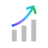 Three gray bars of increasing height with a curved arrow above, changing from blue to green, pointing upward to the right.