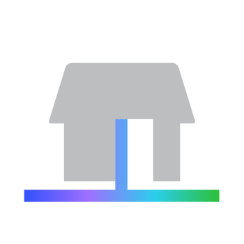 Illustration of a gray house with a blue pipe extending downward, connected to a multicolored horizontal line representing utilities.