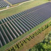 Aerial view of a large solar farm with rows of solar panels on a grassy field, surrounded by trees.