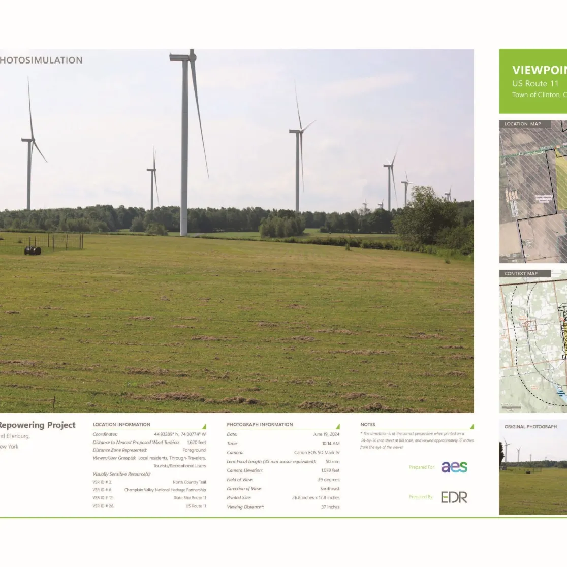 A conceptual photosimulation shows several wind turbines in a grassy field with trees in the background. The right side includes maps labeled 'Viewpoint 15B' and 'Context Map' with location details. Below, there are project details for the Clinton Windpark Repowering Project, including coordinates, camera information, and notes. Logos for AES and EDR are present.