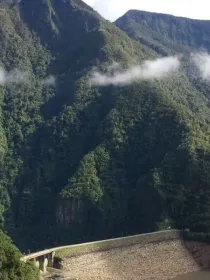 A lush green mountain landscape with a dam at the base. A thin layer of clouds hovers near the mountain peaks. In the foreground, there are leafy branches partially framing the scene.