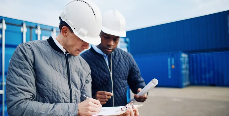 Two construction workers wearing white hard hats and quilted jackets. One is writing on a clipboard, while the other holds rolled documents. They stand in front of blue shipping containers.