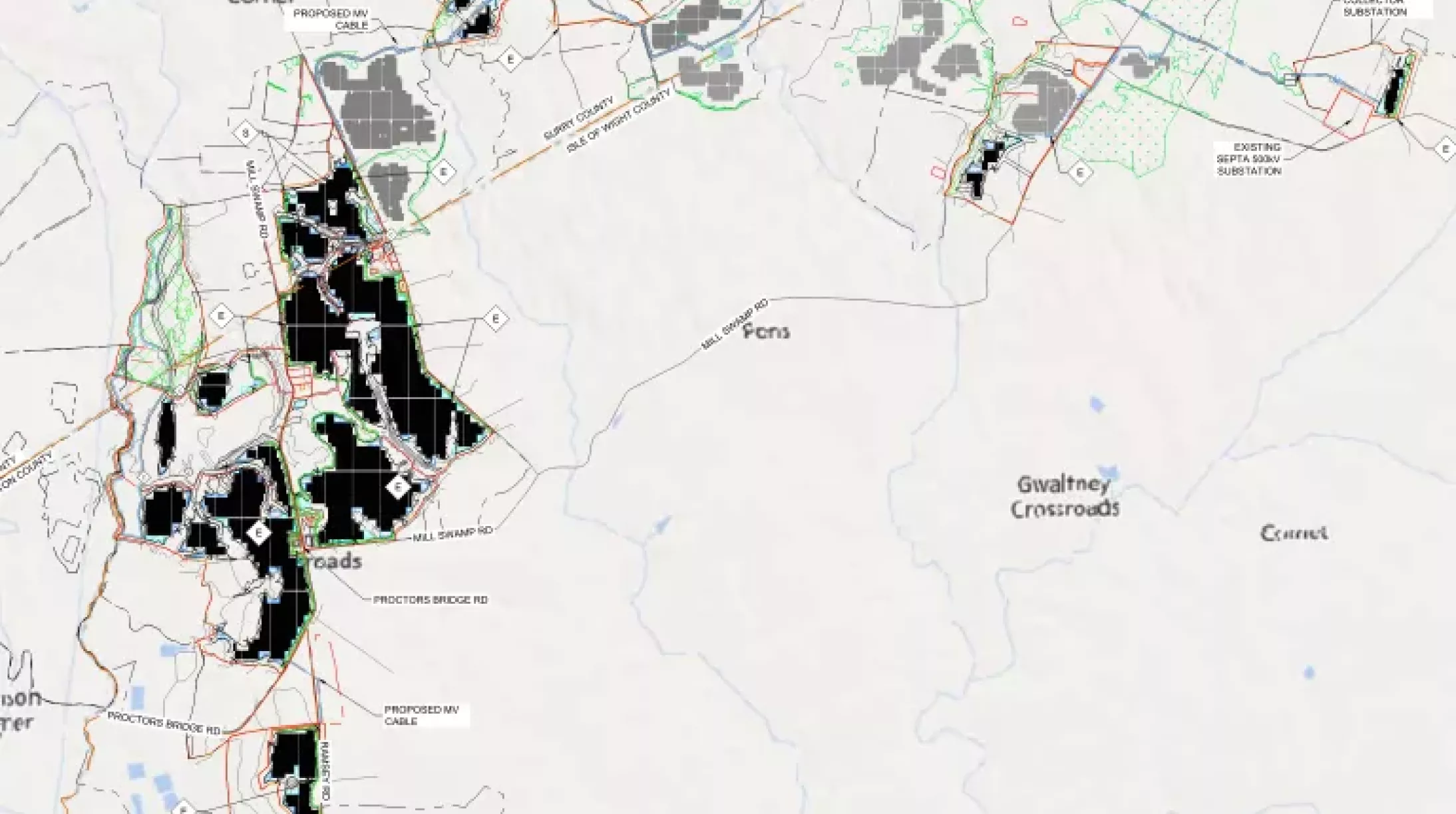 A detailed map showing various areas including Berrylands Corner, Dek Crossroads, and Gwaltney Crossroads. The map highlights proposed and existing infrastructure such as substations and roads. Different areas are marked in black and gray, with green lines indicating certain routes. Water bodies and other landmarks are also visible.