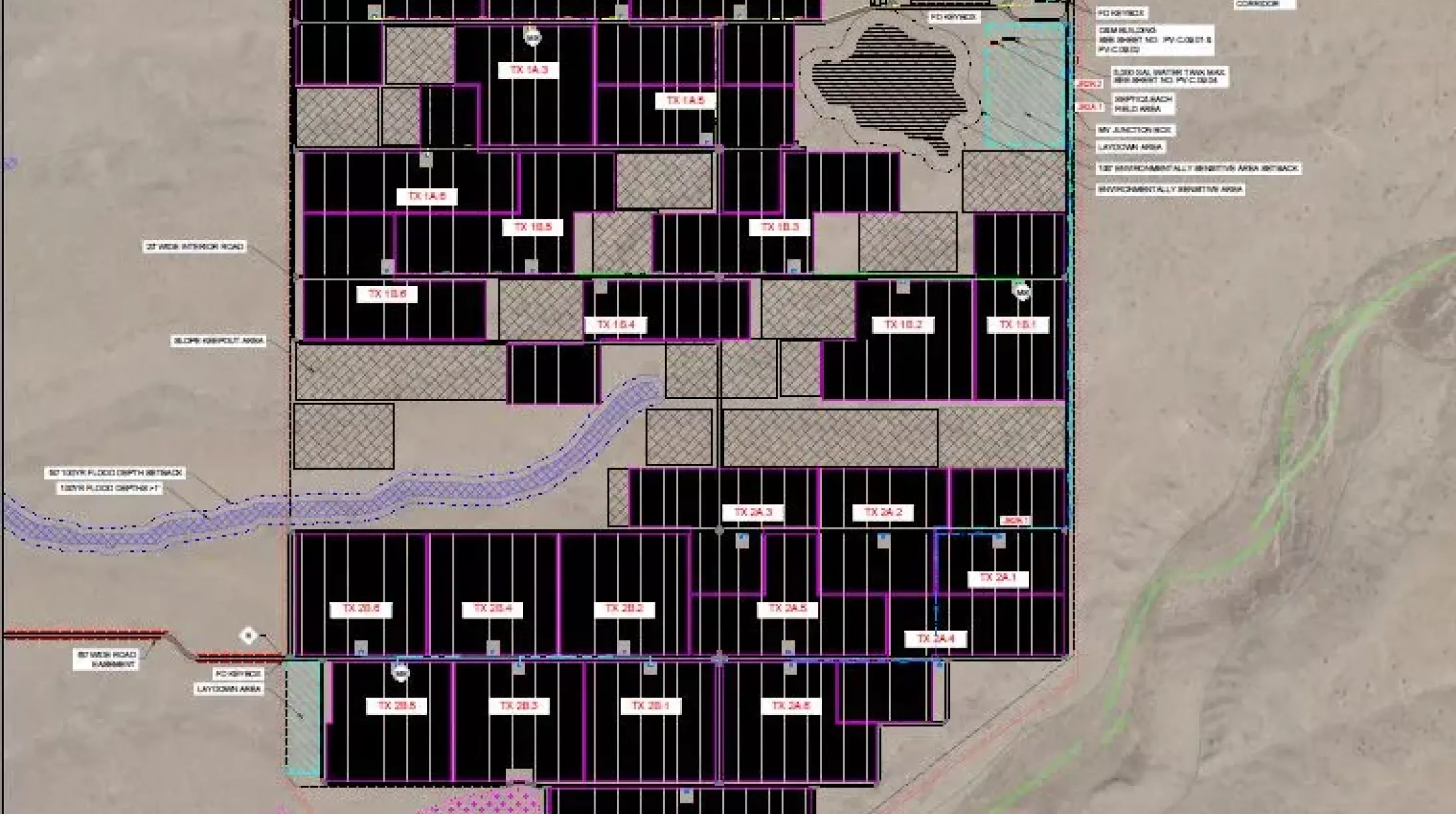 A detailed site plan of a solar farm layout in a desert area, showing multiple rectangular sections labeled with codes like TX 12.6, TX 14.8, and more. The plan includes roads, drainage areas, and labeled zones with specific functions. A compass rose indicates north, and the surrounding terrain is marked with various paths and boundaries.