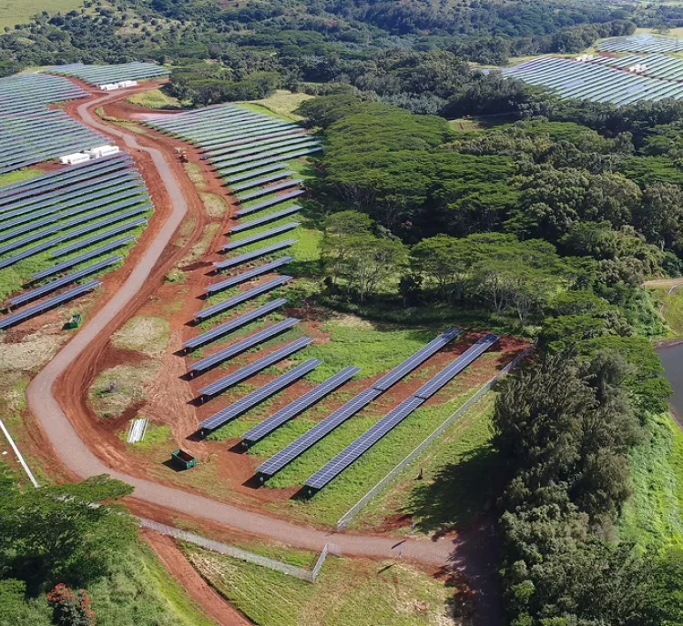 Aerial view of a solar farm with rows of solar panels on red soil, surrounded by lush green trees and vegetation. A dirt road winds through the panels, and a pond is visible at the edge of the image.