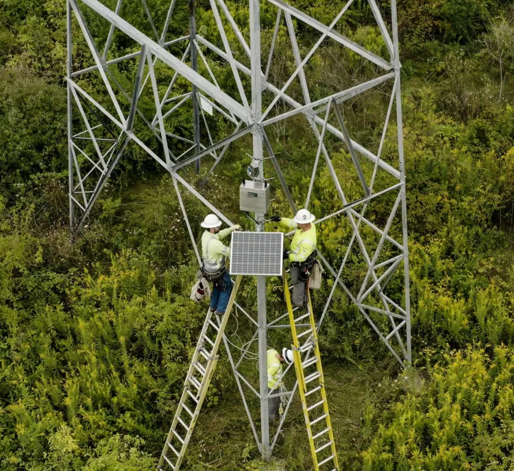 Three workers in safety gear are on ladders installing a solar panel on a metal tower in a lush, green field. One worker is on the ground nearby.