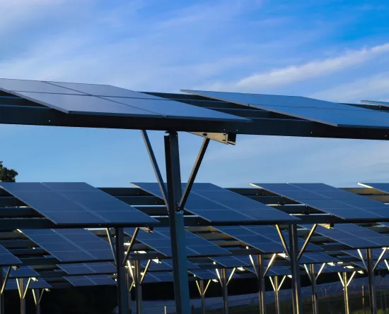 Rows of solar panels mounted on metal frames under a blue sky, with a few clouds visible. The panels are arranged in a field with trees in the background.