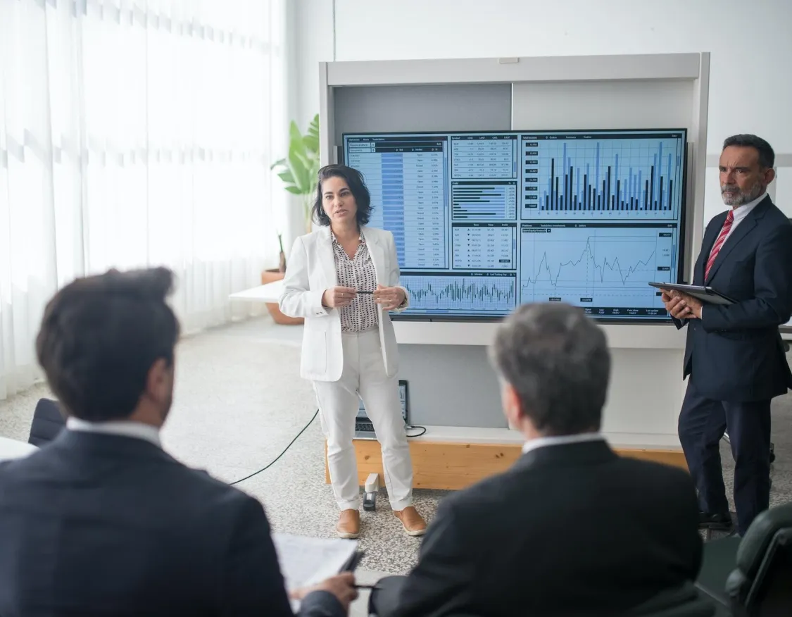 A woman in a white suit presents data on a screen displaying charts and graphs to three seated colleagues in a modern office. A man in a suit stands next to the screen holding a tablet.