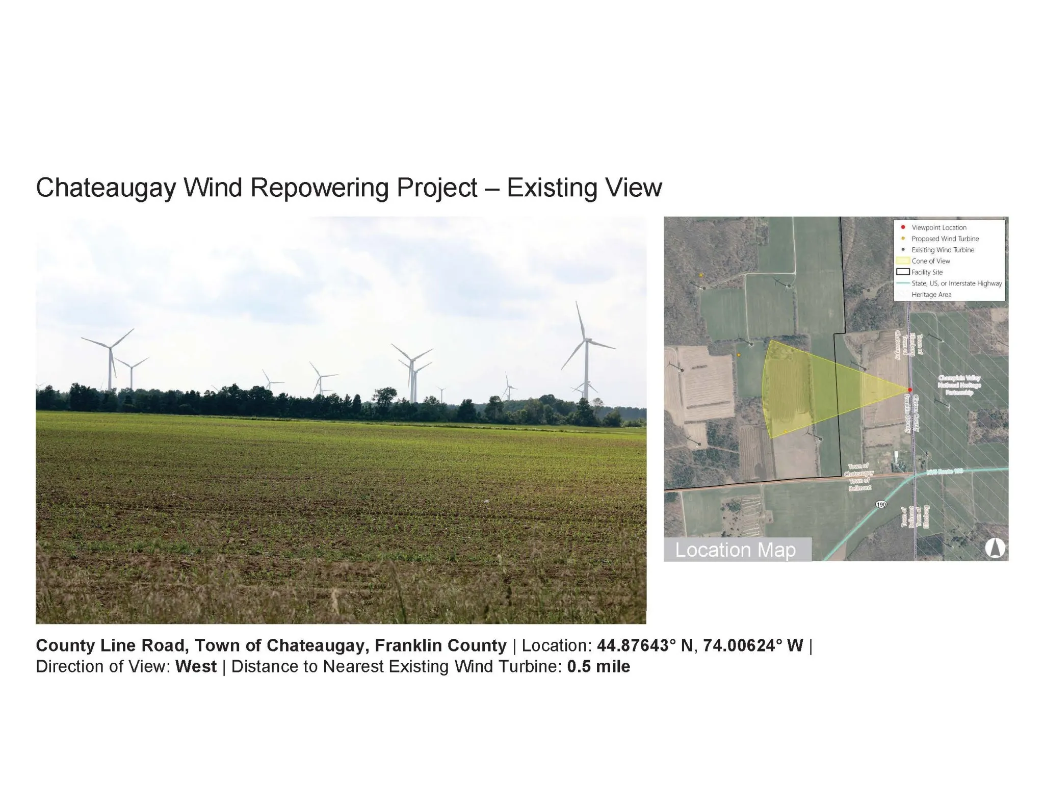 Image titled 'Chateaugay Wind Repowering Project – Existing View' shows a field with several wind turbines in the distance under a cloudy sky. To the right, a location map highlights the viewpoint location, proposed and existing wind turbines, and other landmarks. Text at the bottom provides geographic coordinates and distance to the nearest existing wind turbine.