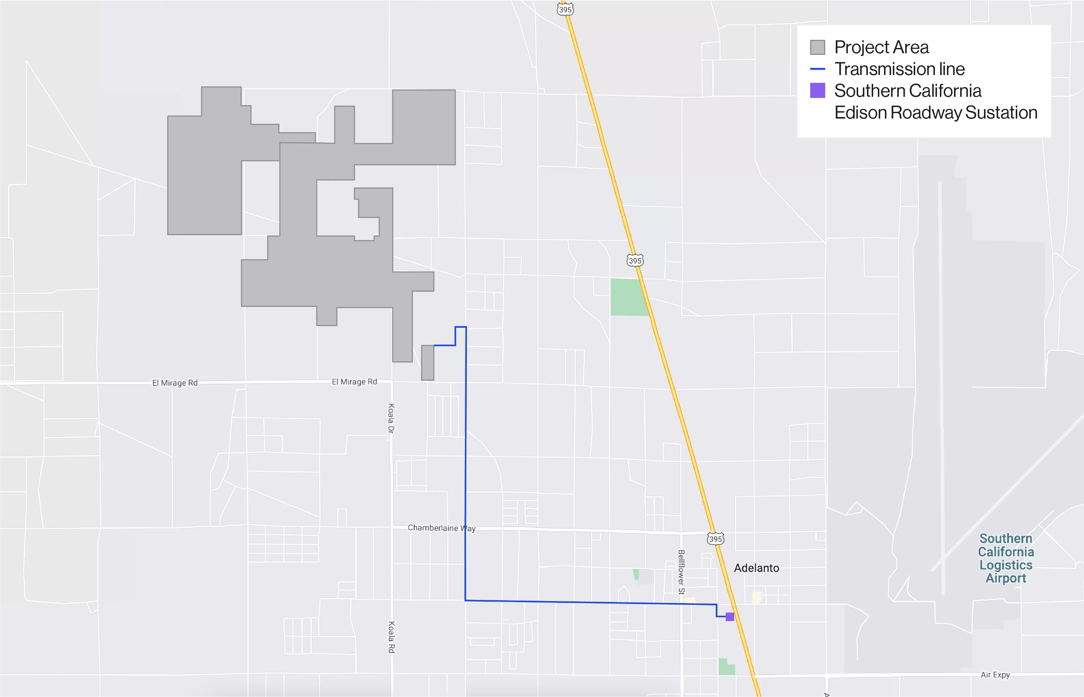 Map showing the project area in gray, a transmission line in blue, and the Southern California Edison Roadway Substation in purple. The map includes roads such as El Mirage Road, Koala Drive, and Chamberlaine Way, with Adelanto city marked. Highway 395 runs vertically through the map, and the Southern California Logistics Airport is labeled on the right.