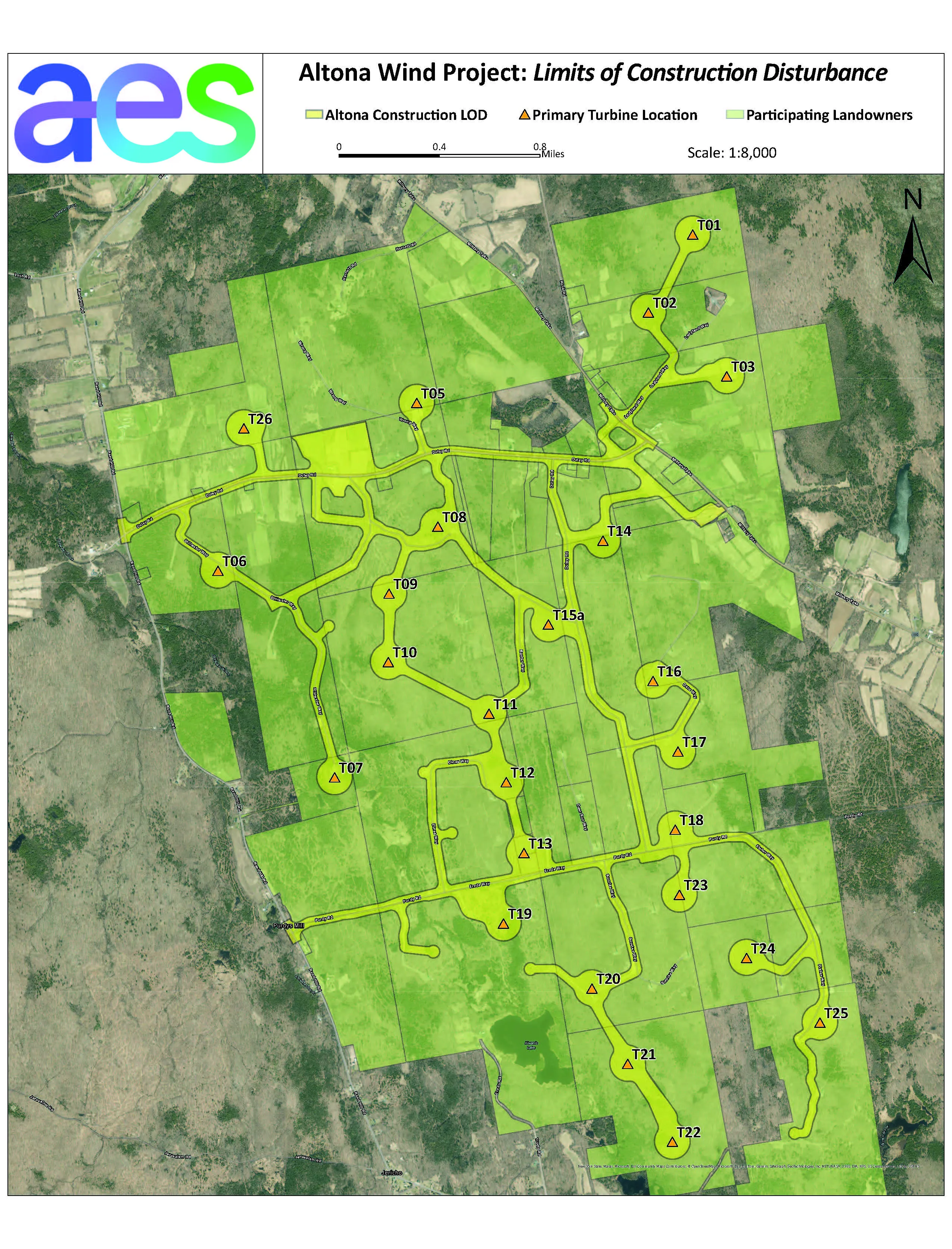 Map of the Altona Wind Project showing limits of construction disturbance. Highlighted areas indicate Altona Construction LOD in green. Yellow triangles mark primary turbine locations labeled T01 to T26. The map includes roads and land boundaries, with participating landowners marked. Scale is 1:8,000 with a north arrow pointing up.