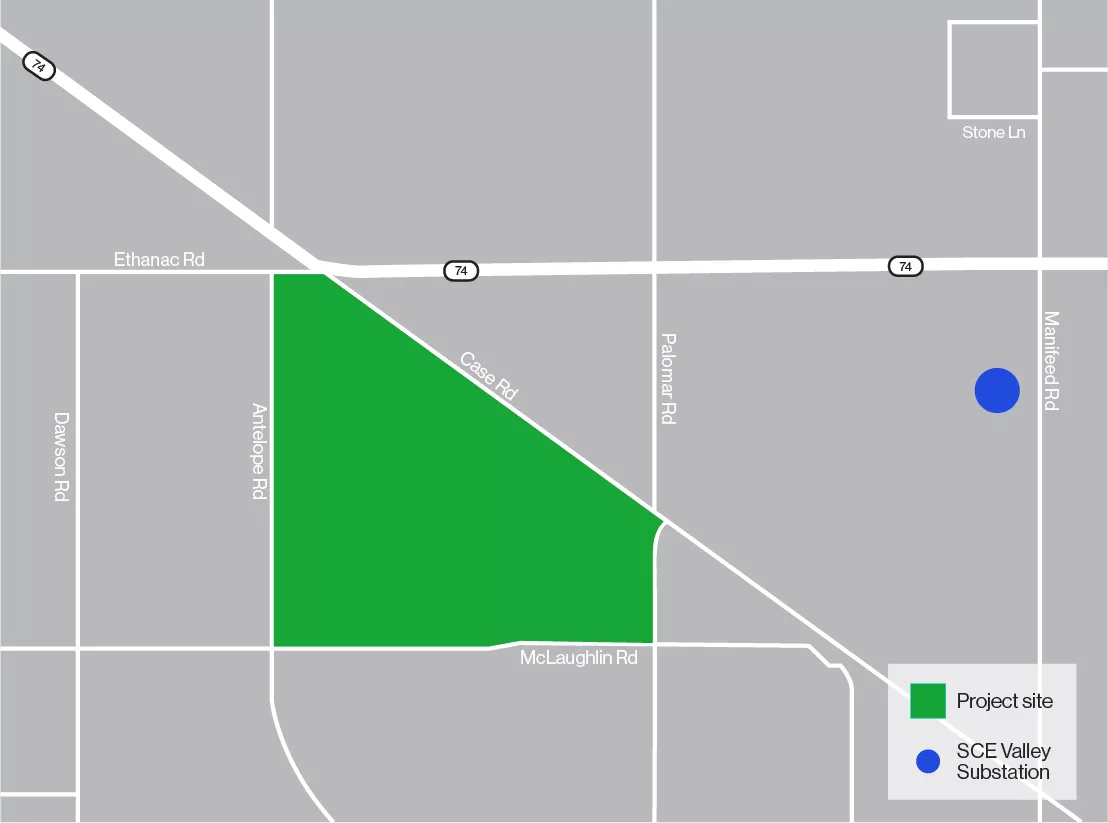 Map showing a green triangular area labeled 'Project site' bordered by Ethanac Rd, Antelope Rd, Case Rd, and McLaughlin Rd. A blue circle labeled 'SCE Valley Substation' is located near Menifee Rd. Roads are marked with white lines, and the background is gray.