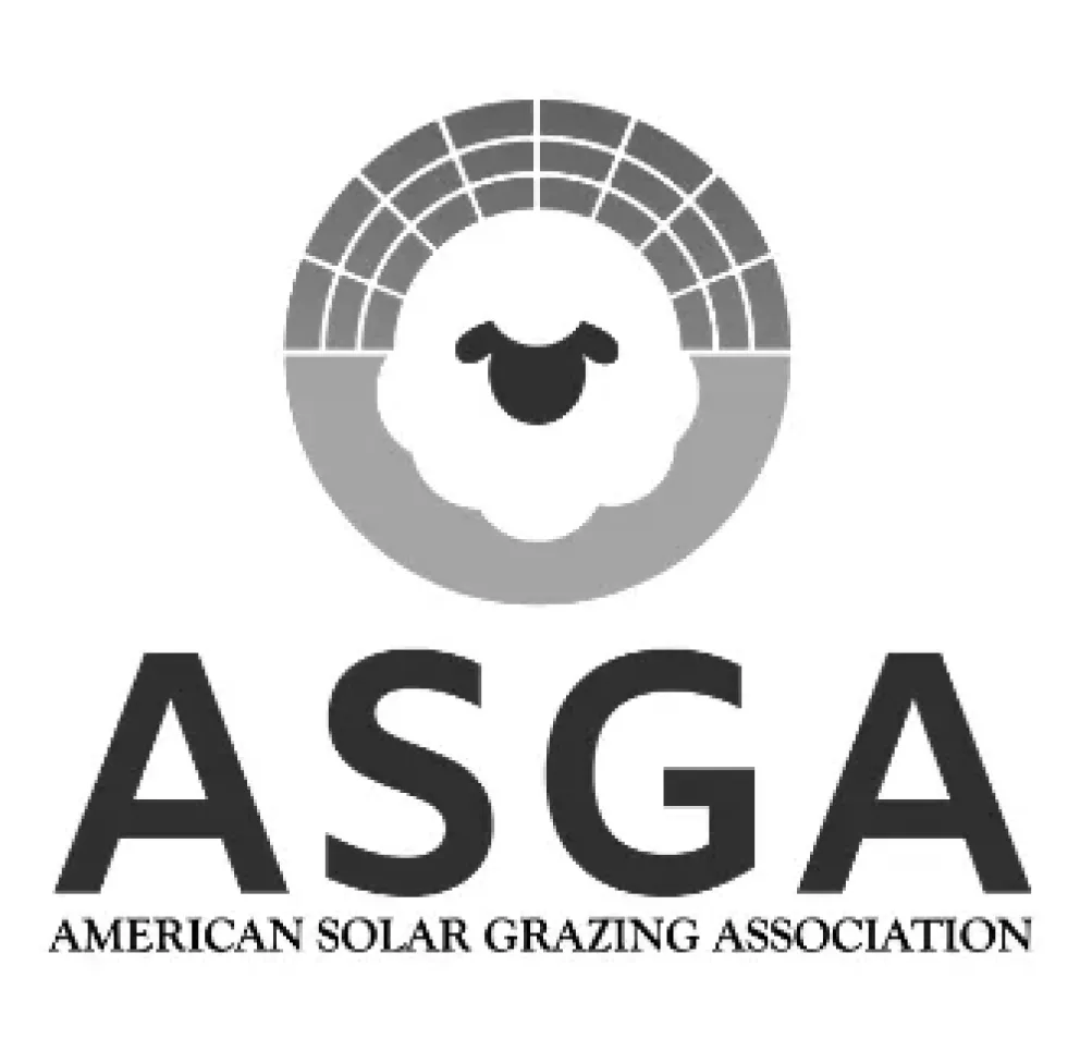 Logo of the American Solar Grazing Association featuring a stylized sheep's head within a circular design resembling solar panels. Below the design are the letters 'ASGA' and the full name 'American Solar Grazing Association.'