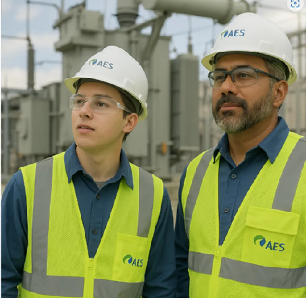Two workers wearing safety helmets and vests stand in an industrial setting, looking into the distance.