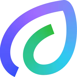 A stylized leaf-shaped logo with a gradient from purple to blue and green, set against a black background.