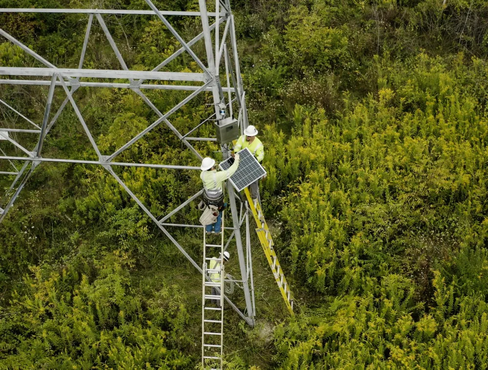 Two workers in safety gear are installing a solar panel on a metal tower structure surrounded by dense green vegetation. One worker stands on a ladder while the other is on the tower.