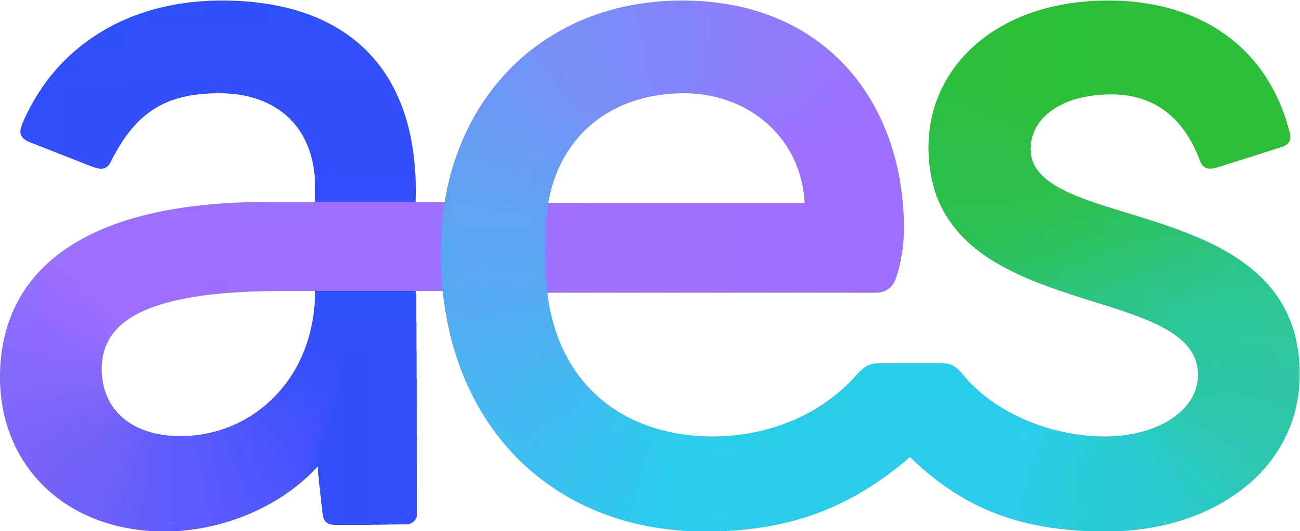 The image shows the lowercase letters 'aes' in a stylized font. The 'a' is blue, the 'e' is purple, and the 's' is green, with a purple horizontal line crossing through all three letters. The background is black.