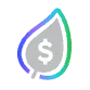Icon of a gray leaf with a dollar sign inside, outlined in a gradient of blue, purple, and green.